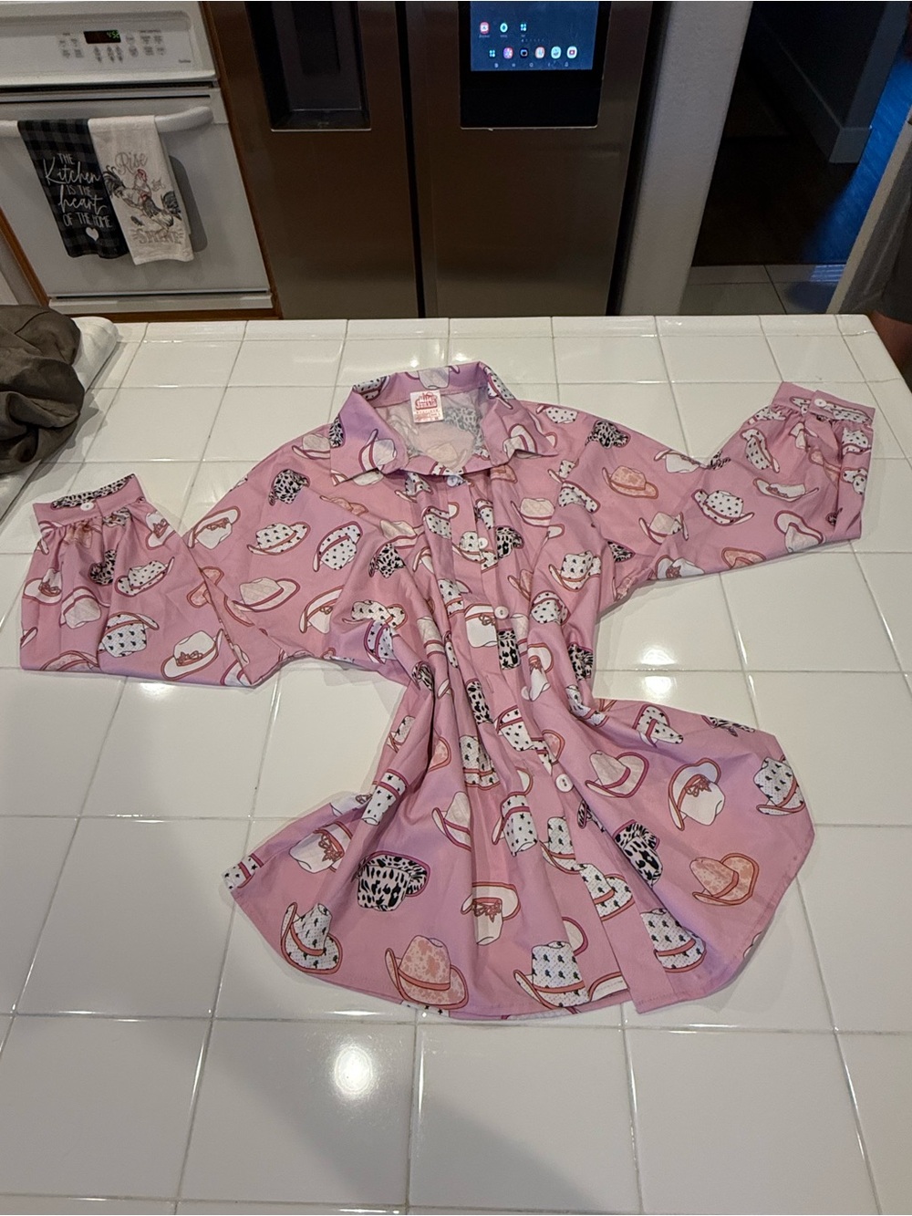 Womens Pink Button Up Shirt with Cowgirl Hat Print